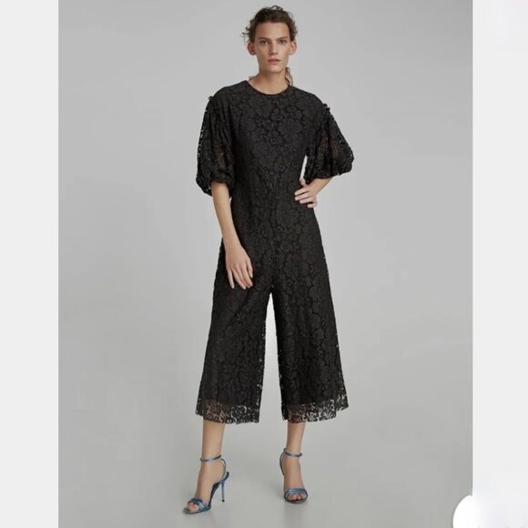 Zara Midi Guipure Lace 3/4 Voluminous Sleeve Jumpsuit - Picture 2 of 11